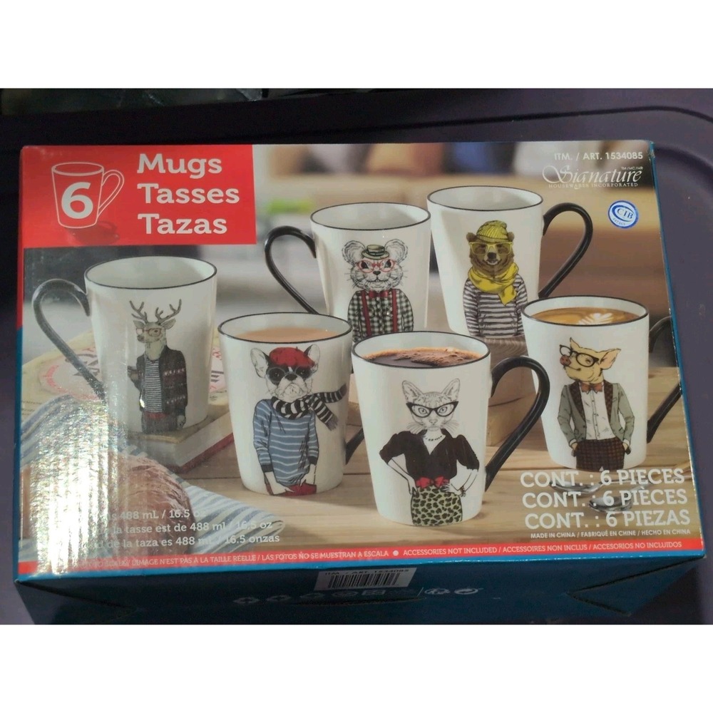 Box Set of 6 Signature Housewares Inc. Hipster Animal Mugs 16.5 oz New Sealed